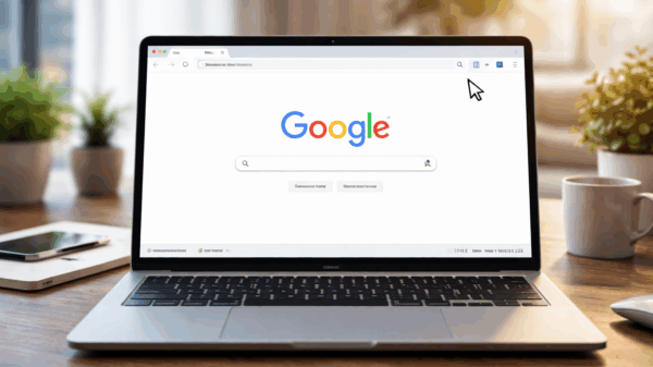 Bild eines Laptop-Bildschirms mit geöffnetem Webbrowser und Google-Startseite als Homepage