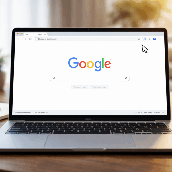 Bild eines Laptop-Bildschirms mit geöffnetem Webbrowser und Google-Startseite als Homepage