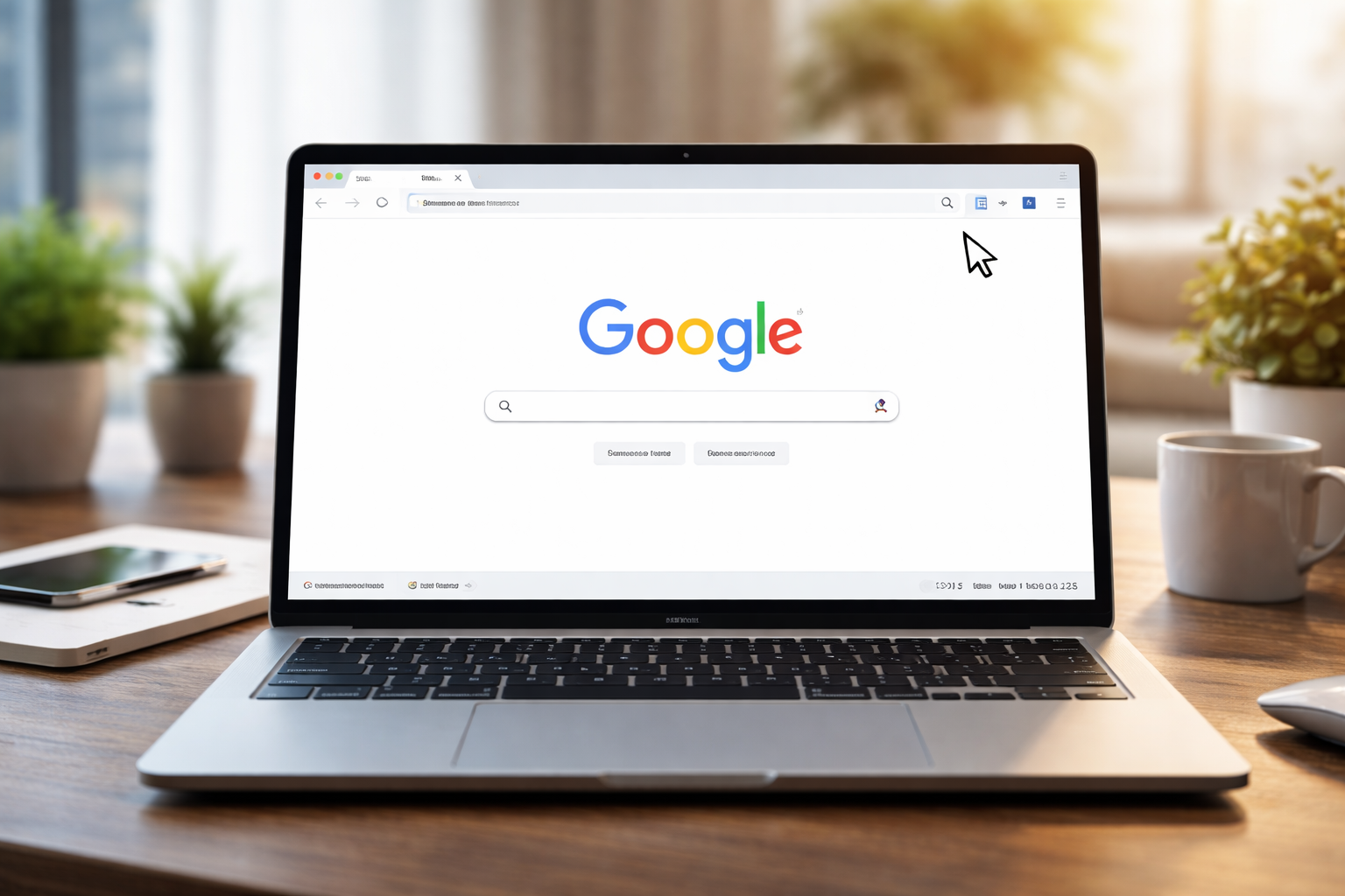 Bild eines Laptop-Bildschirms mit geöffnetem Webbrowser und Google-Startseite als Homepage