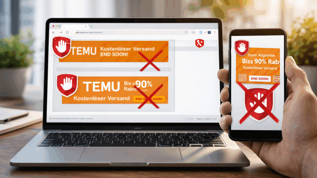 Laptops und Smartphones mit Webbrowser, auf dem Werbebanner ausgeblendet sind und ein Adblocker-Symbol sichtbar ist.