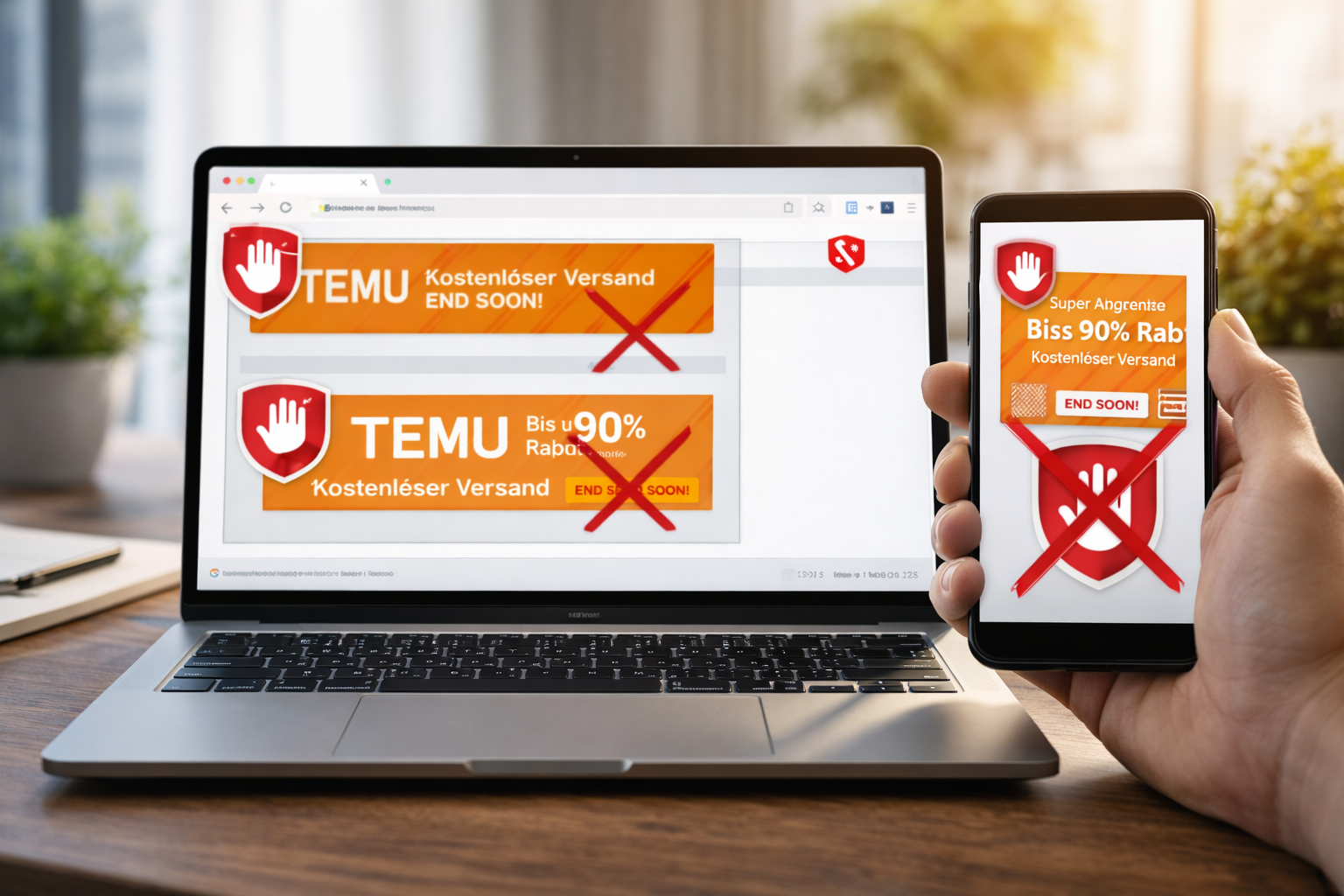 Laptops und Smartphones mit Webbrowser, auf dem Werbebanner ausgeblendet sind und ein Adblocker-Symbol sichtbar ist.
